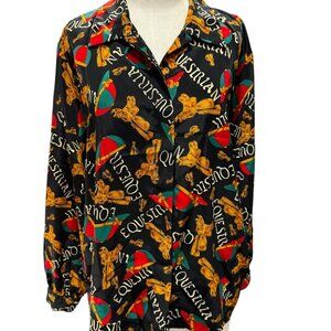 Vintage Jordan Equestrian Print Blouse Black Gold Chain Scarf Style Size 38